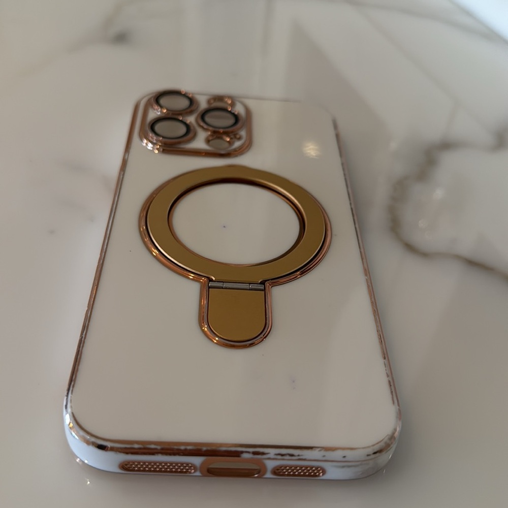 Gold and White iPhone 14 Pro Max Phone Case with Ring Holder MagSafe - Picture 9 of 10
